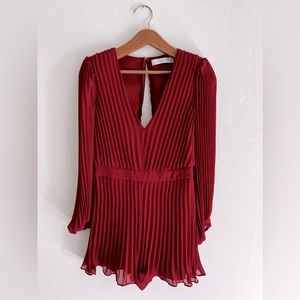 Tower Bar Sunsets Berry Red Pleated Chiffon Long Sleeve Romper